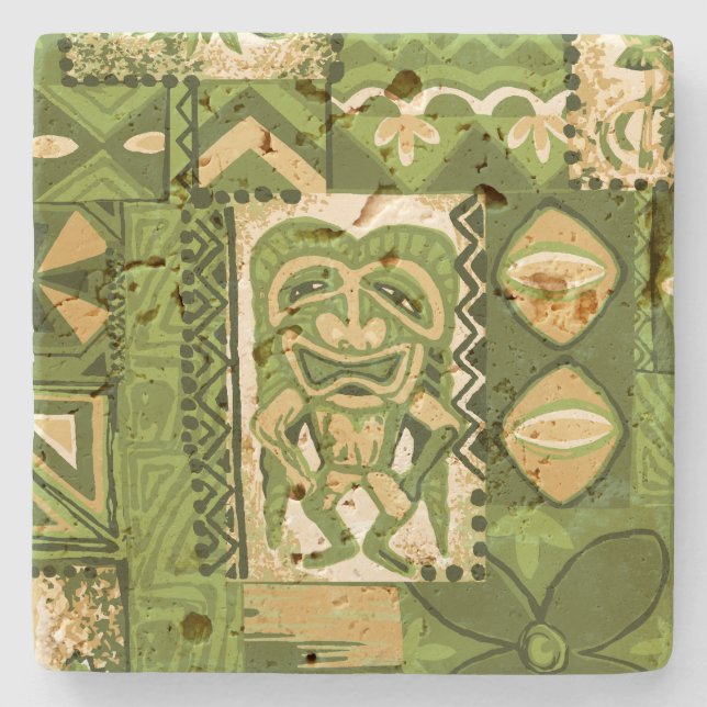 Pomaika’i Tiki Hawaiian Vintage Tapa Stone Coaster (Front)