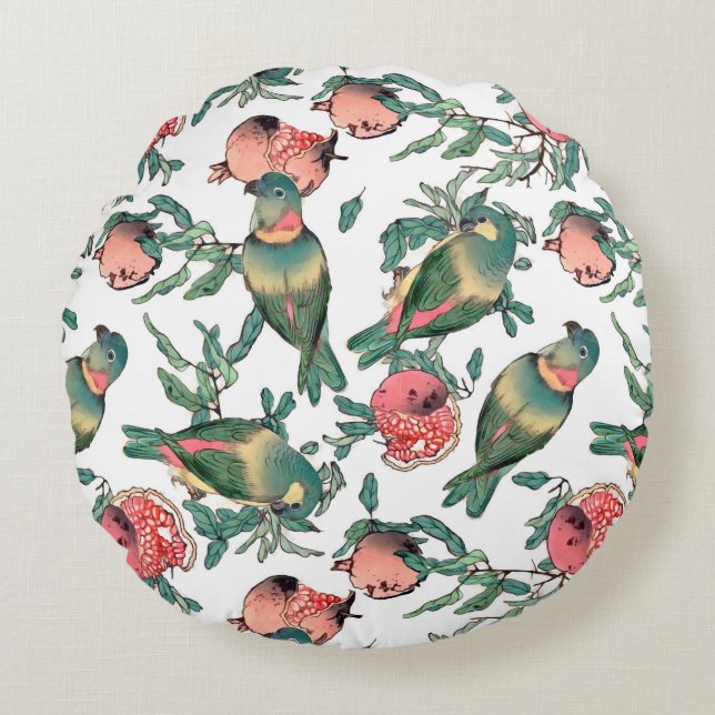 Pomegranate and Lovebirds Pattern Round Cushion (Front)