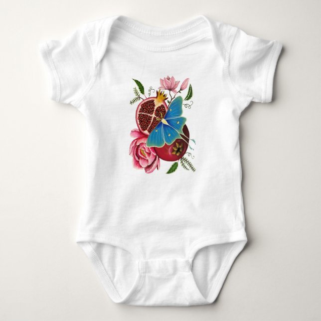Pomegranate and Luna Moth Gender Neutral Onsie Baby Bodysuit (Front)