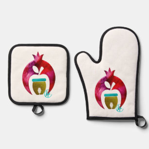 Pomegranate Apple Honey Art Rosh Hashana Oven Mitt & Pot Holder Set