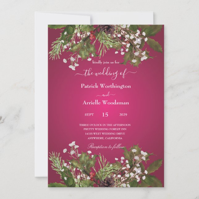 pomegranate colour Christmas wedding invitations (Front)