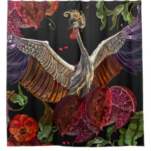 Pomegranate Crane Roses: Embroidery Art Shower Curtain