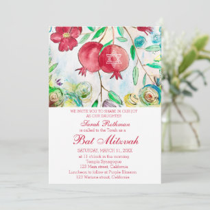 Pomegranate Elegant Floral Jewish Girl Bat Mitzvah Invitation