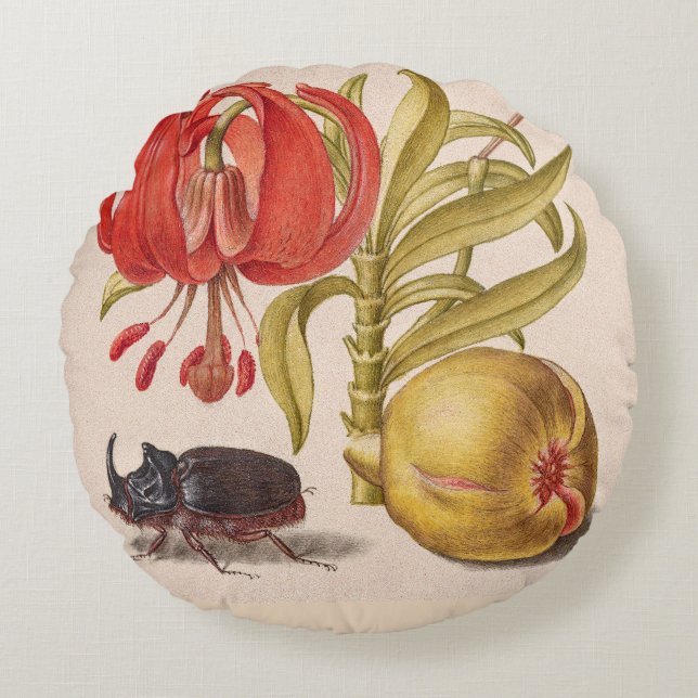 Pomegranate Flower, Fruit and Rhinoceros Beetle Round Cushion (Front)