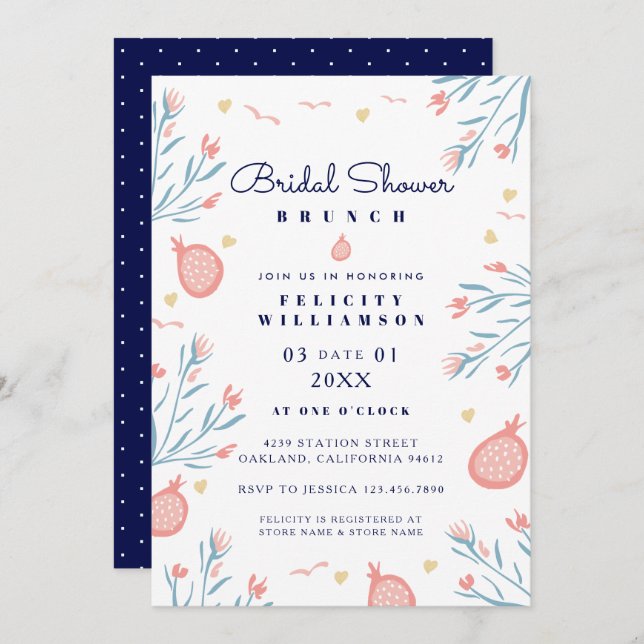 Pomegranate Fruit Floral Bridal Shower Invitation (Front/Back)