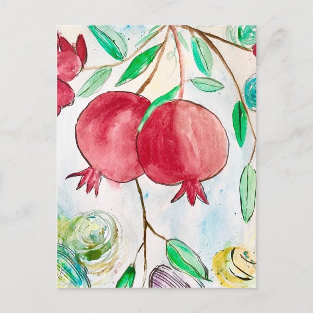 Pomegranate fruit watercolor red and green postcard (Front)