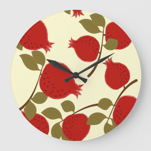 Pomegranate Fruits: Cartoon Yellow Background Large Clock (Front)