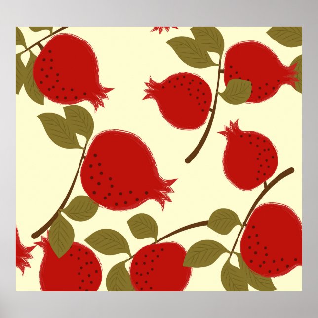 Pomegranate Fruits: Cartoon Yellow Background Poster (Front)