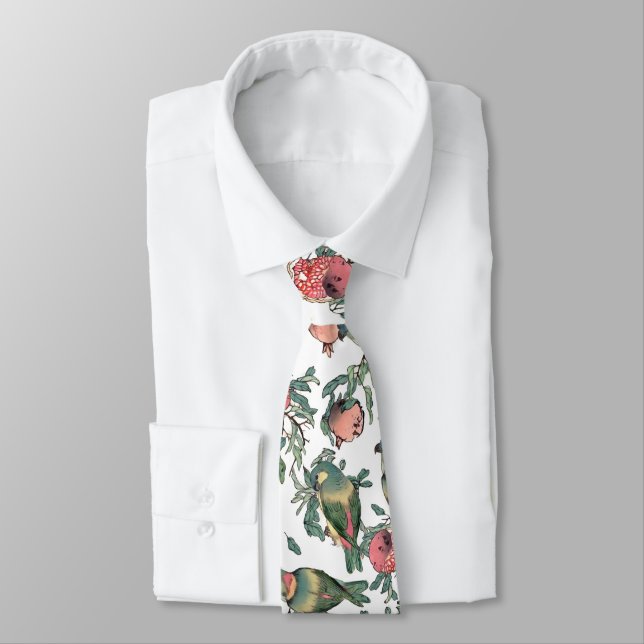 Pomegranate Fruits & Lovebirds Pattern Tie (Tied)