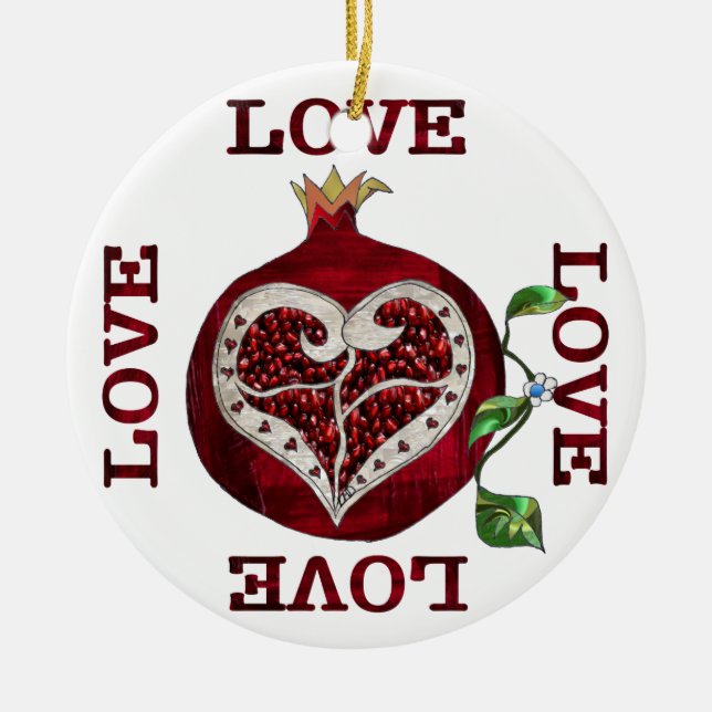 Pomegranate Heart LOVE Valentine Ceramic Ornament (Front)
