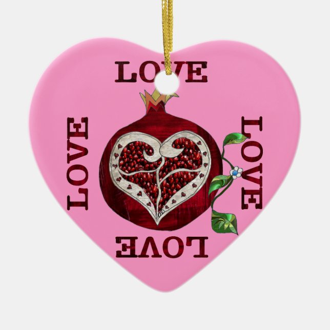 Pomegranate Heart LOVE Valentine Ceramic Tree Decoration (Front)