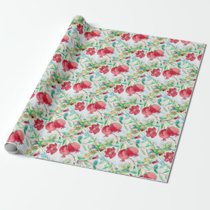 Pomegranate leaf fruit watercolor pattern garden wrapping paper