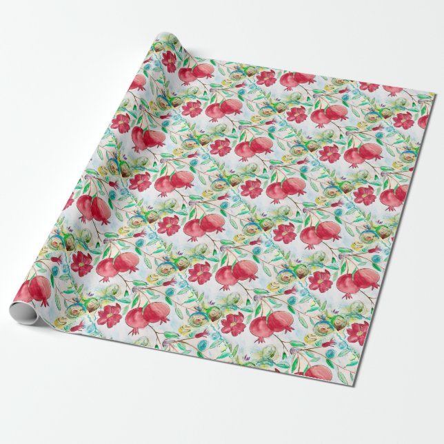 Pomegranate leaf fruit watercolor pattern garden wrapping paper (Unrolled)