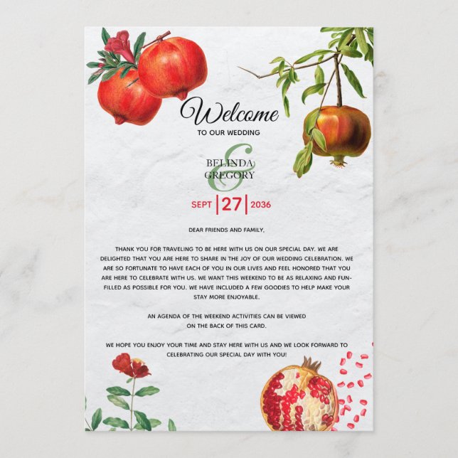 Pomegranate Mediterranean Wedding Itinerary  Program (Front)