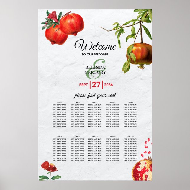 Pomegranate Mediterranean Wedding Seating Chart (Front)