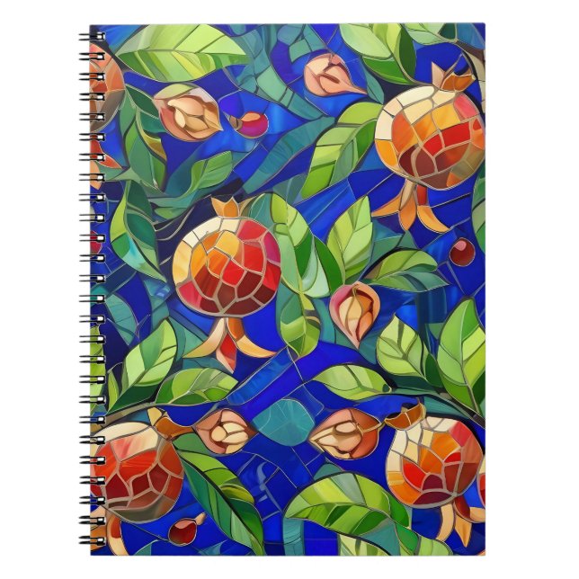 Pomegranate Pattern Dark Blue and Red Fruit Mosaic Notebook (Front)