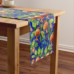Pomegranate Pattern Dark Blue and Red Fruit Mosaic Short Table Runner