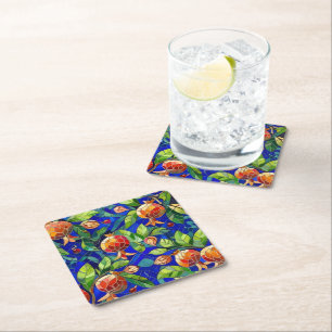 Pomegranate Pattern Dark Blue and Red Fruit Mosaic Square Paper Coaster