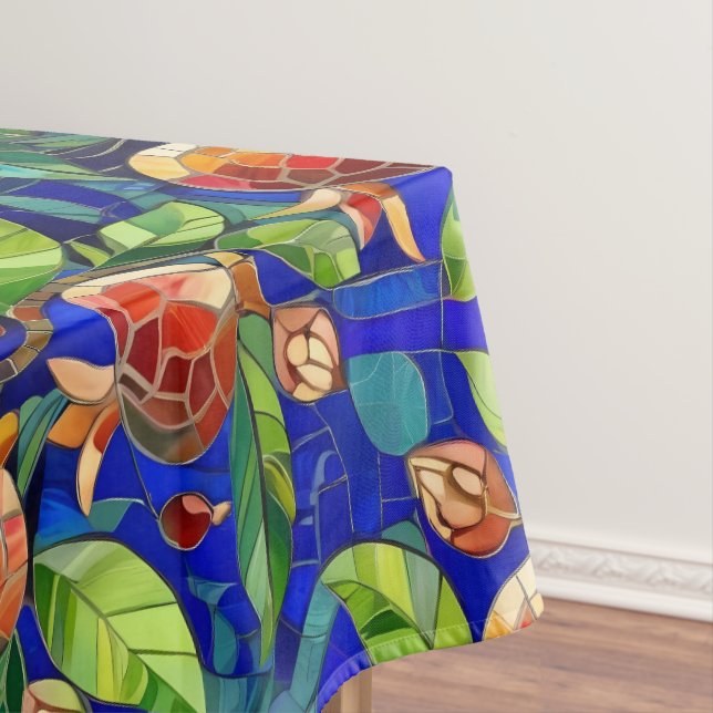 Pomegranate Pattern Dark Blue and Red Fruit Mosaic Tablecloth (In Situ)