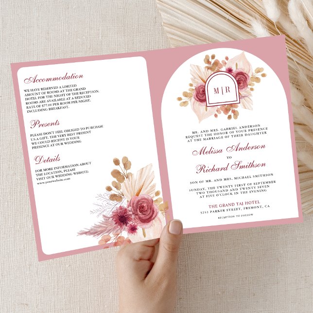 Pomegranate Pink Floral Pampas QR Code Wedding Invitation (Creator Uploaded)