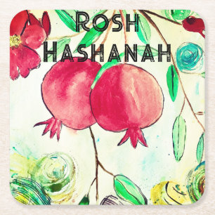 Pomegranate Rosh Hashanah Fruit Shana Tova Square Paper Coaster