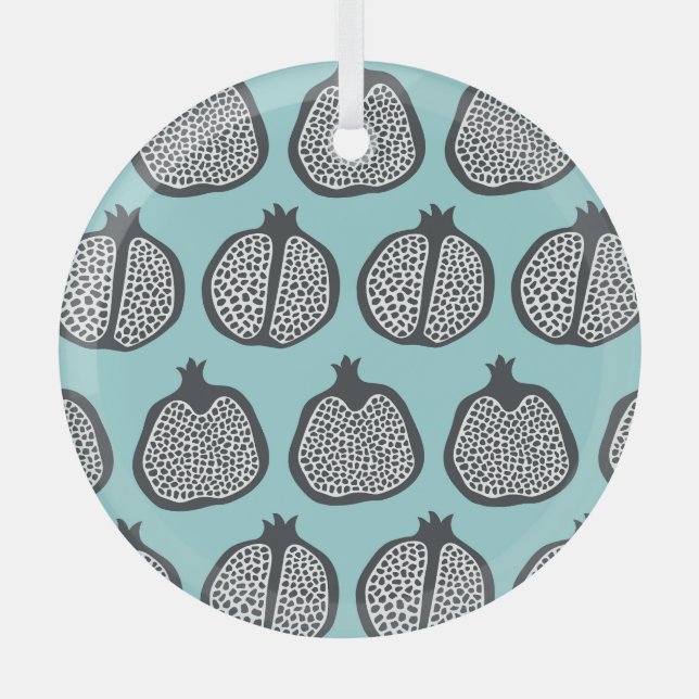 Pomegranate Slices: Black Aqua Pattern. Glass Tree Decoration (Front)