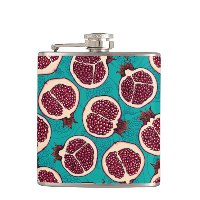 Pomegranate slices on turquoise hip flask (Front)