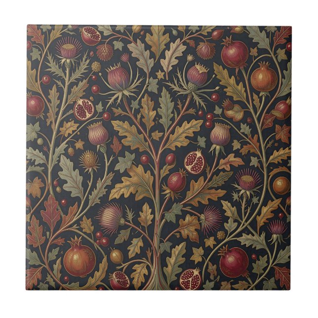 Pomegranate Thistle Botanical Pattern Ceramic Tile (Front)
