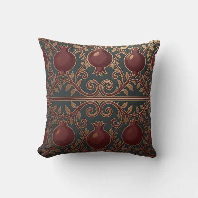 Pomegranate Vine Pattern Dark Green Gold Ornate Cushion (Front)