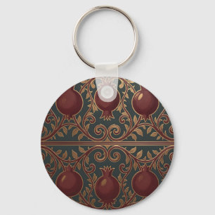 Pomegranate Vine Pattern Dark Green Gold Ornate Key Ring