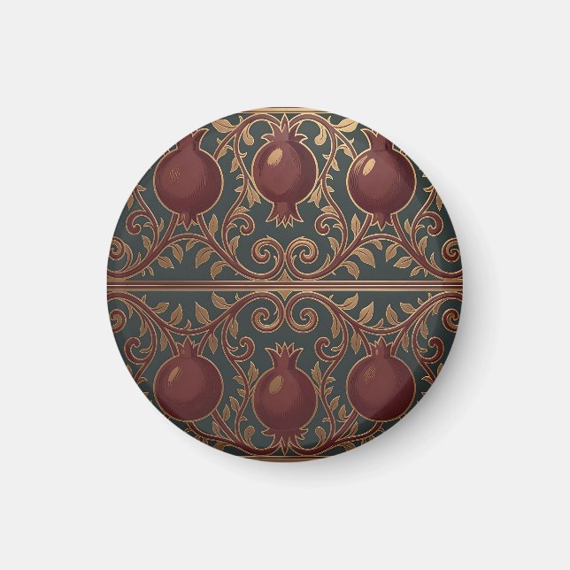 Pomegranate Vine Pattern Dark Green Gold Ornate Magnet (Front)