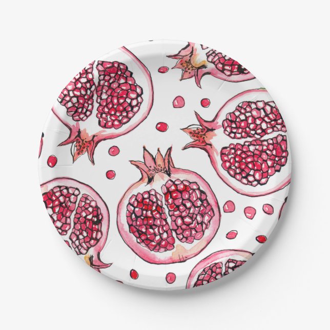 Pomegranate watercolor and ink pattern paper plate (Front)