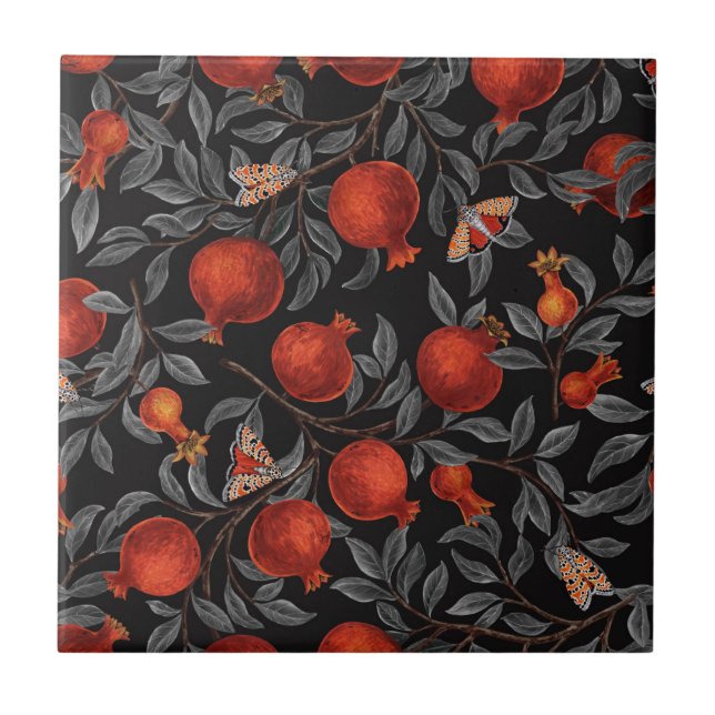 Pomegranates and Bella Moths in red and grey Ceramic Tile (Front)