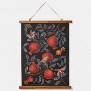 Pomegranates and Bella Moths in red and grey Hanging Tapestry