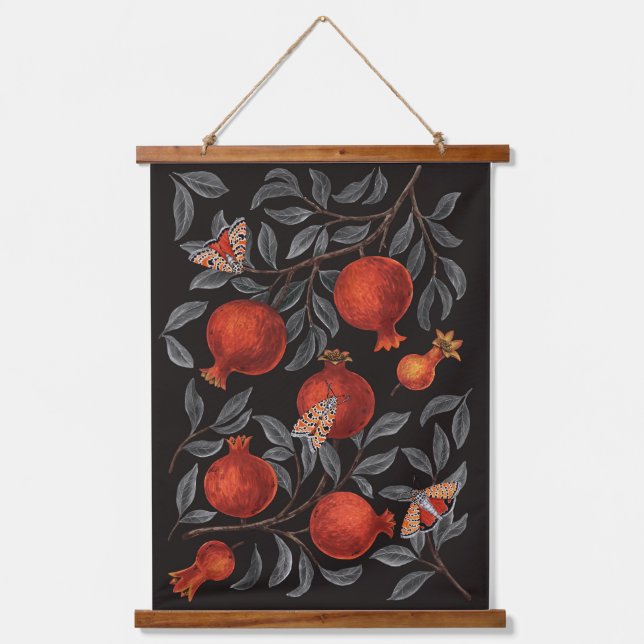 Pomegranates and Bella Moths in red and grey Hanging Tapestry (Front)