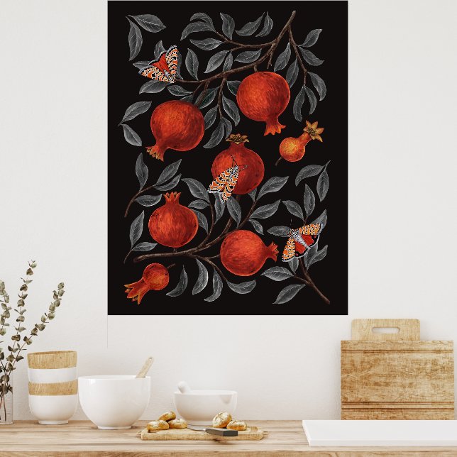 Pomegranates and Bella Moths in red and grey Poster (Kitchen)