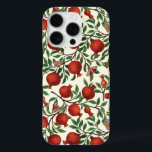 Pomegranates and Bella Moths on off white iPhone 16 Pro Case<br><div class="desc">Pomegranate branches with lush leaves and rich red fruits stretch across a black background. A secondary layer subtly fades away,  adding depth. Traditionally painted on paper with markers,  the elements are scanned and composed into a pattern in Photoshop.</div>