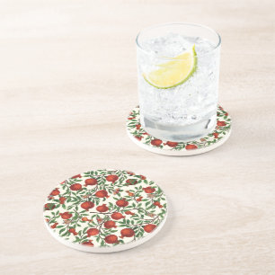 Pomegranates and Bella Moths on off white Coaster