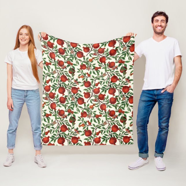 Pomegranates and Bella Moths on off white Fleece Blanket (In Situ)