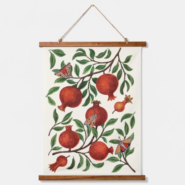 Pomegranates and Bella Moths on off white Hanging Tapestry (Front)