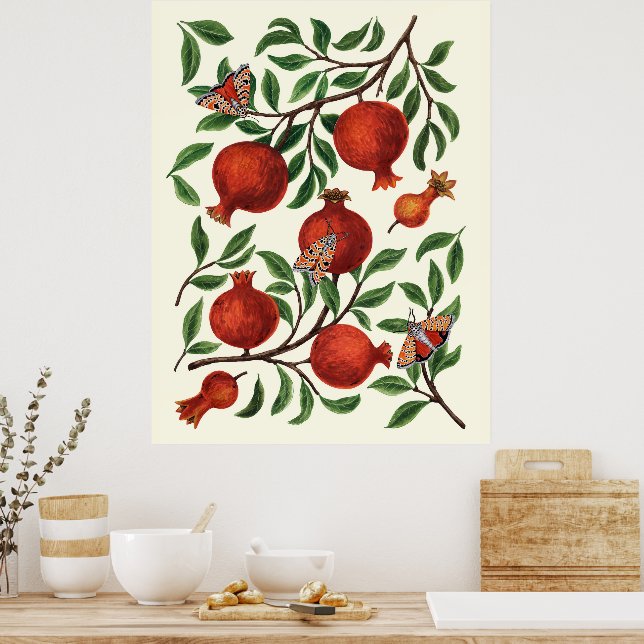 Pomegranates and Bella Moths on off white Poster (Kitchen)