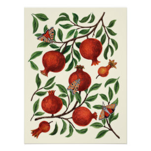 Pomegranates and Bella Moths on off white Poster