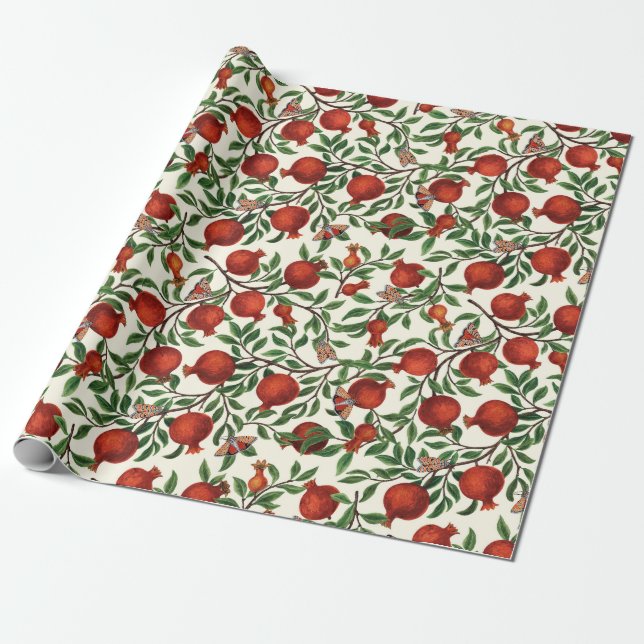Pomegranates and Bella Moths on off white Wrapping Paper (Unrolled)
