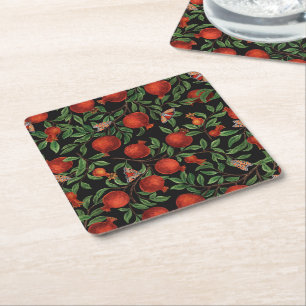 Pomegranates and Bella Moths  Square Paper Coaster