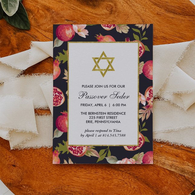 Pomegranates and Flowers with Gold Passover Seder Invitation (Creator Uploaded)