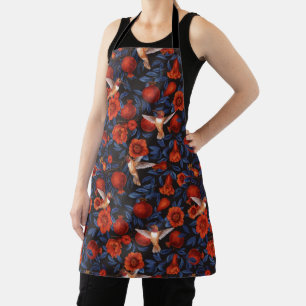Pomegranates and hummingbirds/blue leaves on black apron