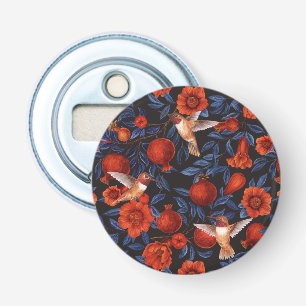 Pomegranates and hummingbirds/blue leaves on black bottle opener