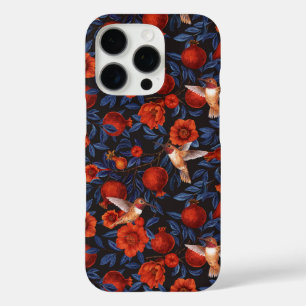 Pomegranates and hummingbirds/blue leaves on black iPhone 16 pro case