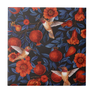 Pomegranates and hummingbirds/blue leaves on black ceramic tile