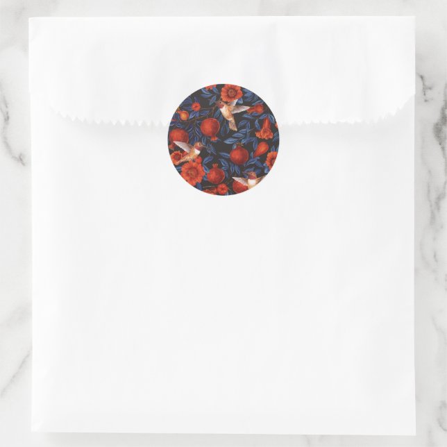 Pomegranates and hummingbirds/blue leaves on black classic round sticker (Bag)